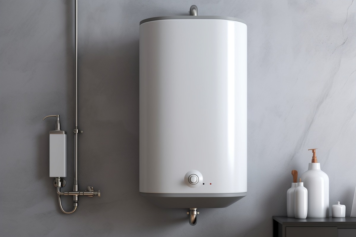 de boiler hangt in de badkamer