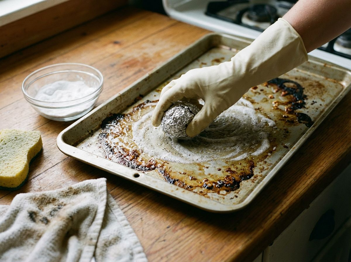bakplaat schoonmaken met zuiveringszout en aluminiumfolie