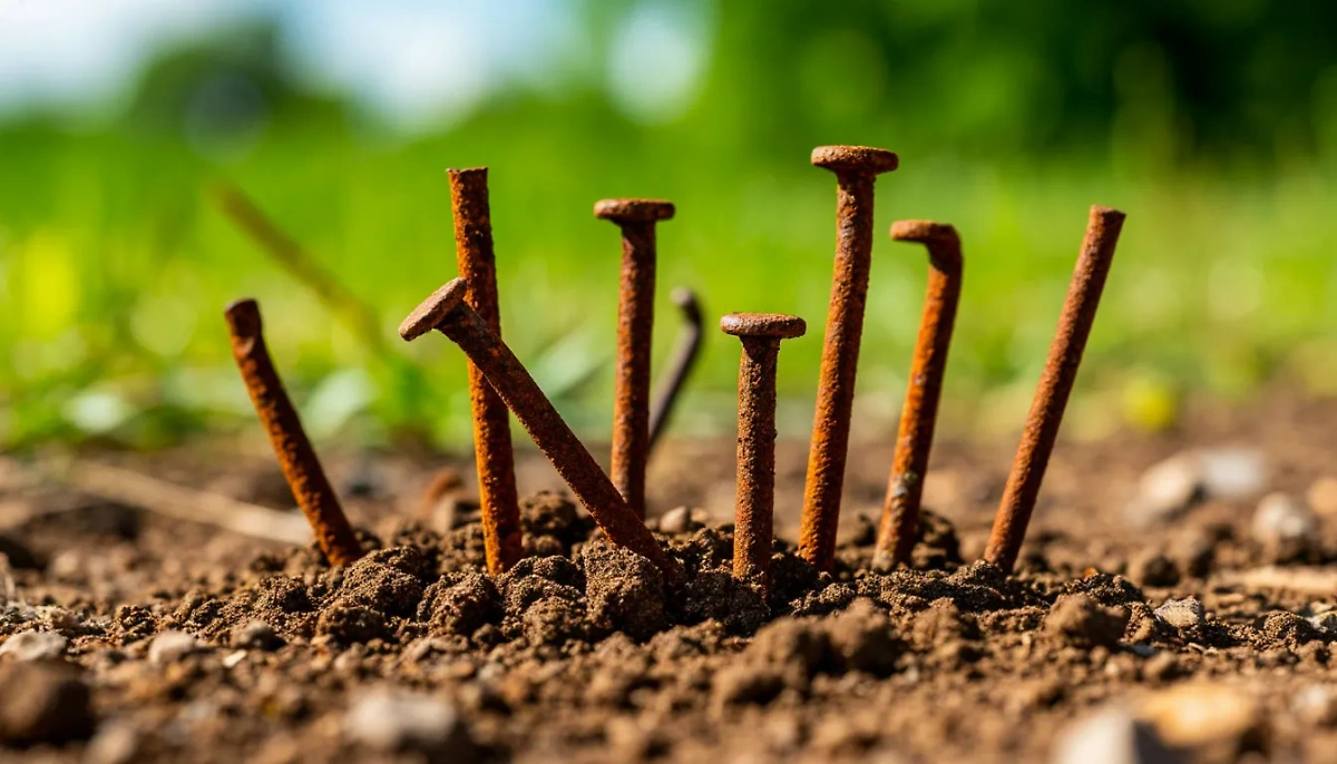 een eenvoudige roestige spijker om vergeling van rozenstruiken