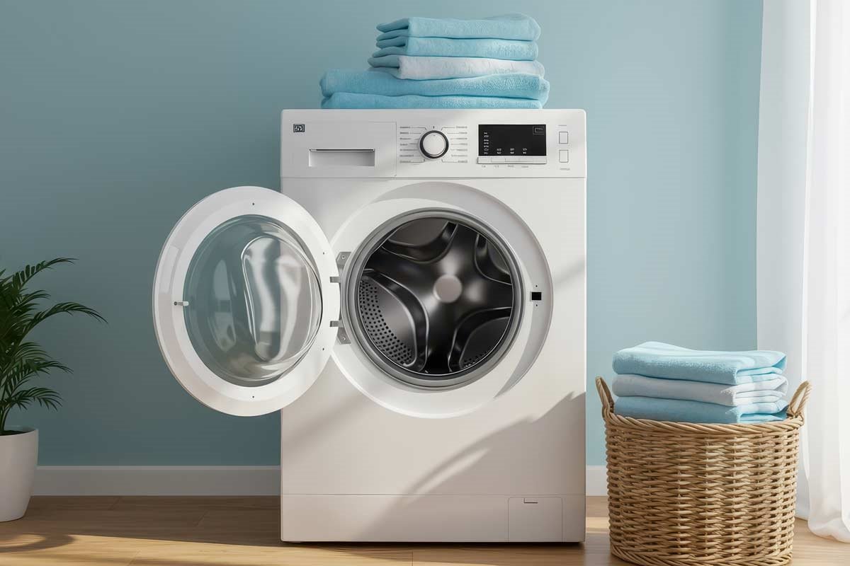 Er liggen handdoeken op de wasmachine