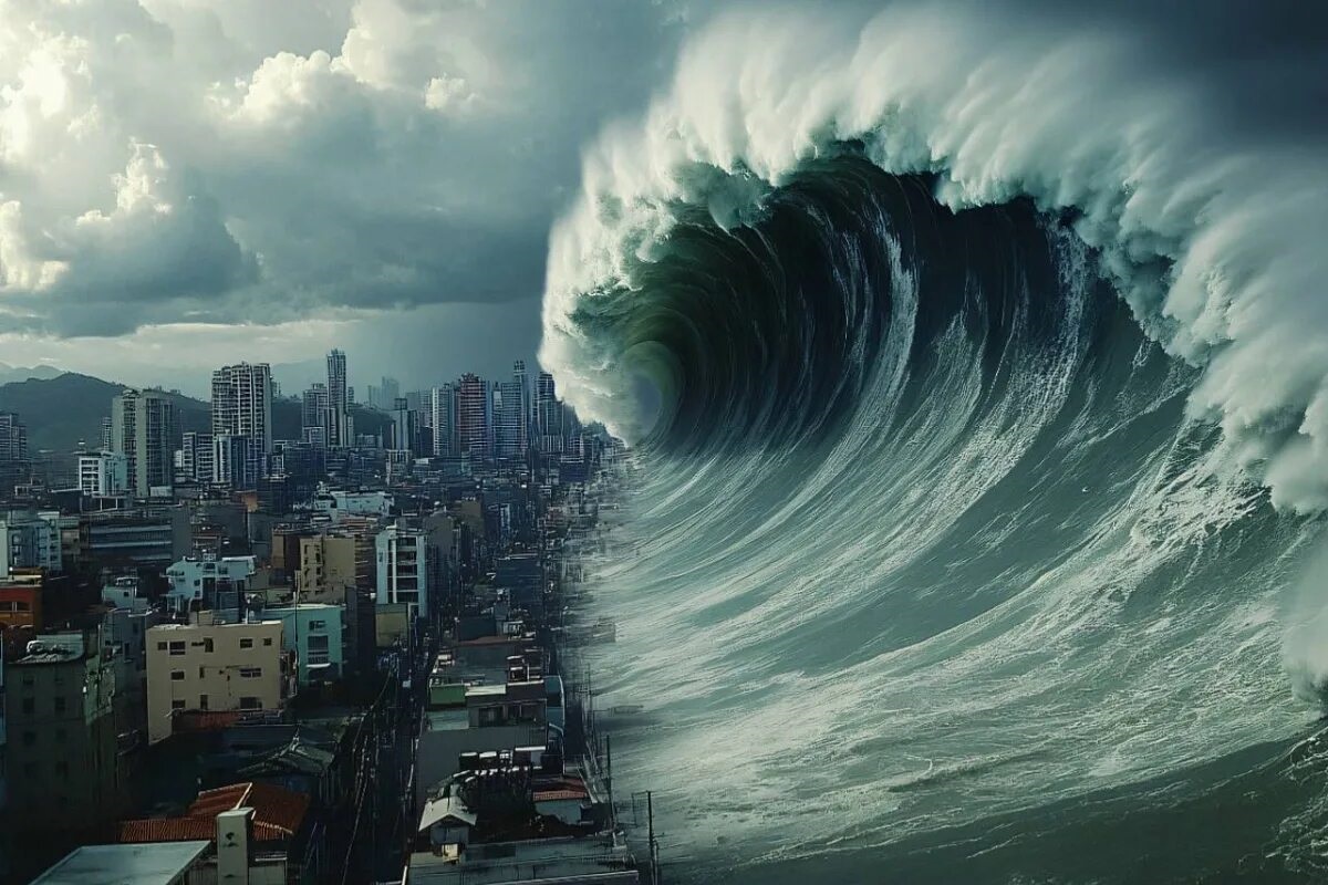 De golven in de oceaan zijn hoger dan de huizen